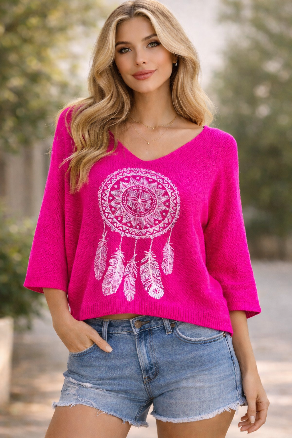Svetřík neon pink fuchsia lapač nitka