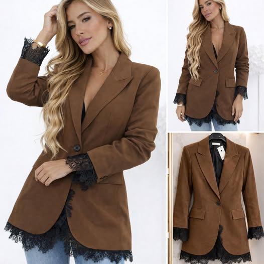 Sako elegantní dámské delší s krajkou hnědé